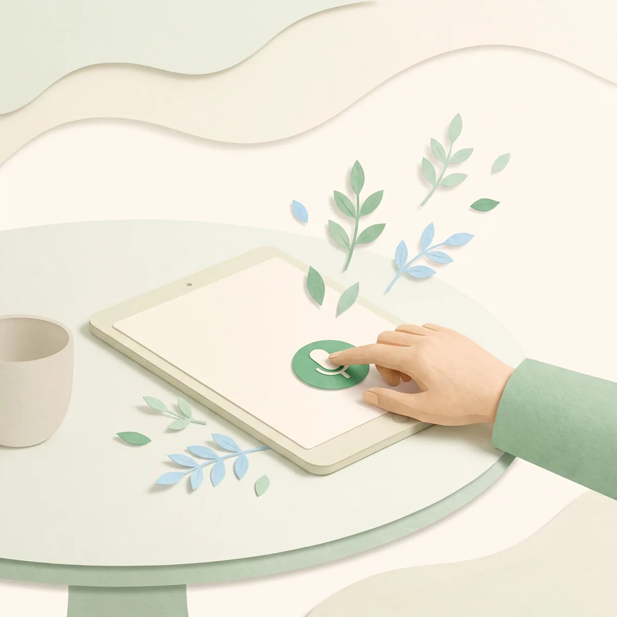 A hand reaches across a table to press the round green microphone button on a tablet.