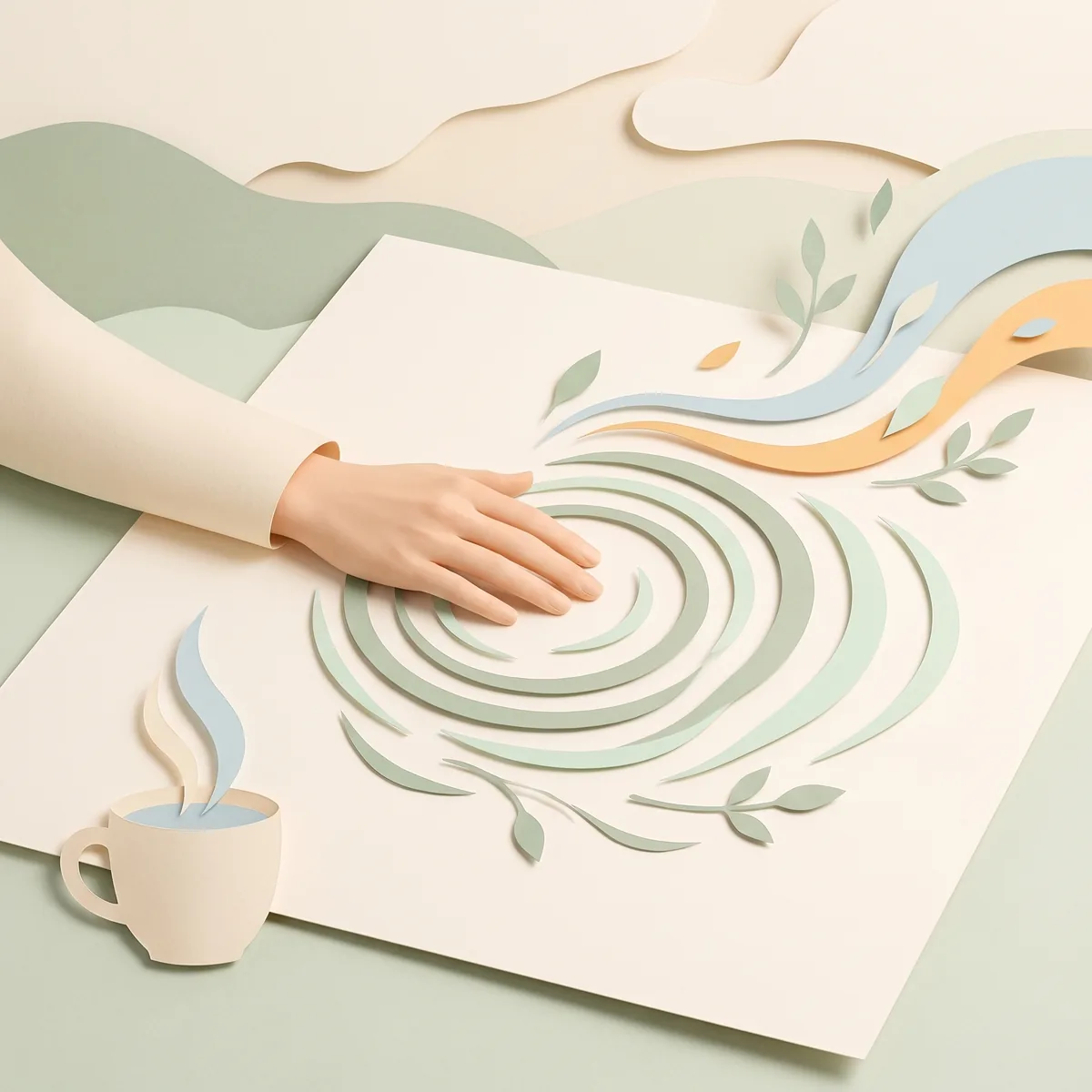A hand rests on a table while soft ripples of sound spread outward across it.