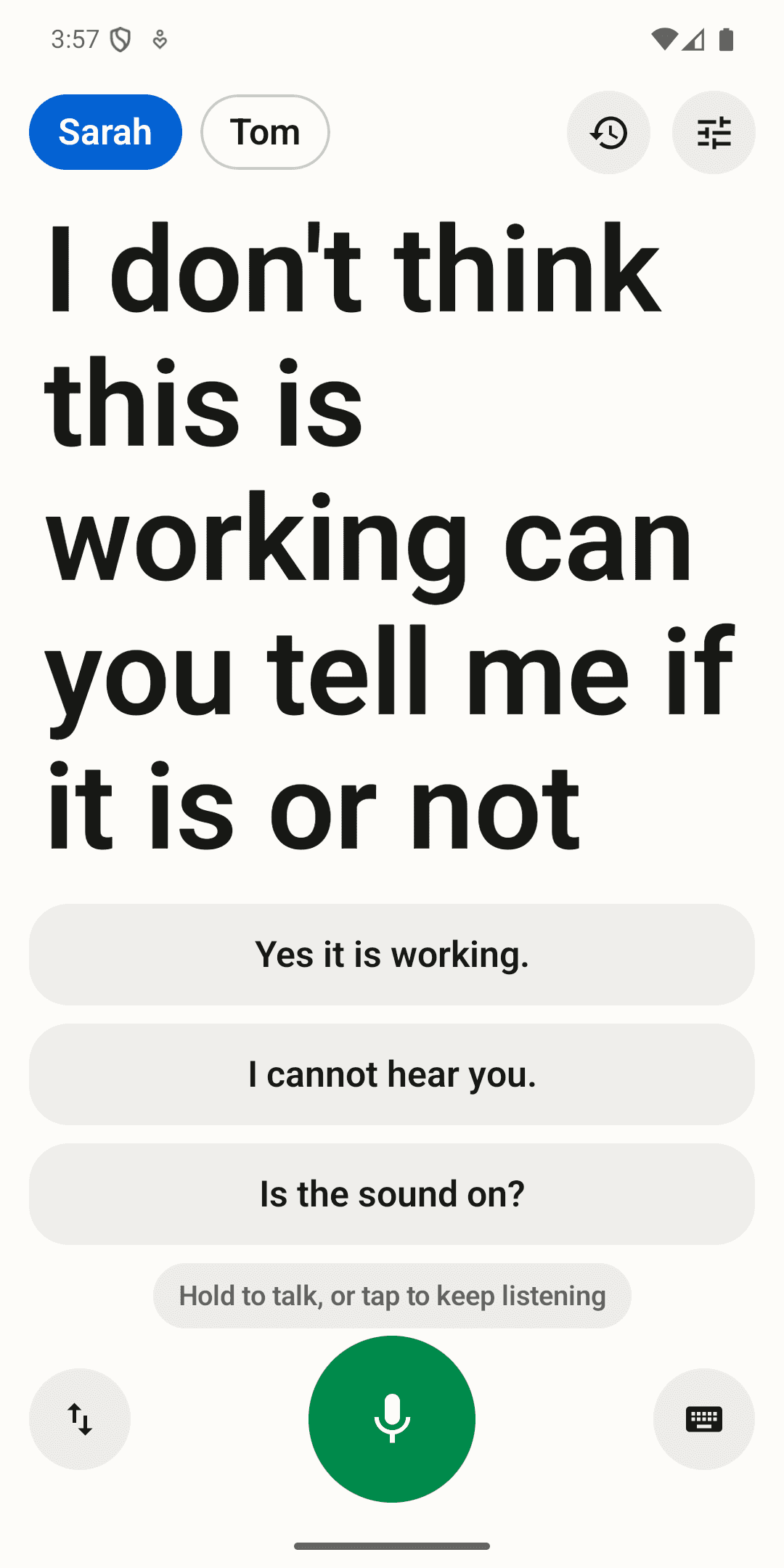 Carbery on Android showing a live caption in large type