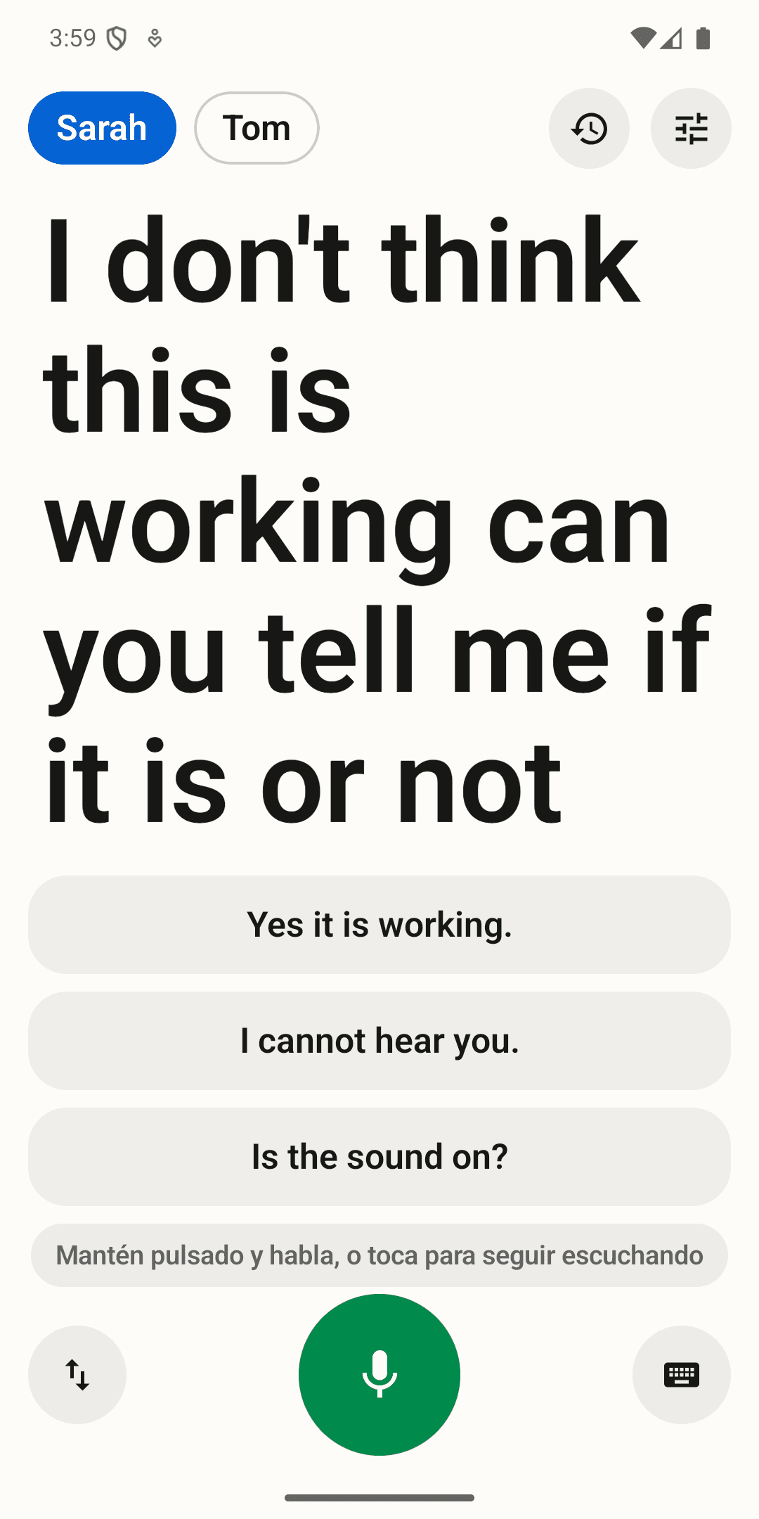 Carbery en Android mostrando un subtítulo en directo en letra grande