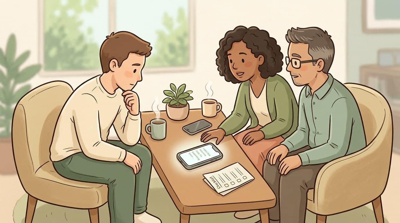 An elegant editorial illustration of two people sitting at a quiet cafe table, communicating comfortably with a phone resting on the table