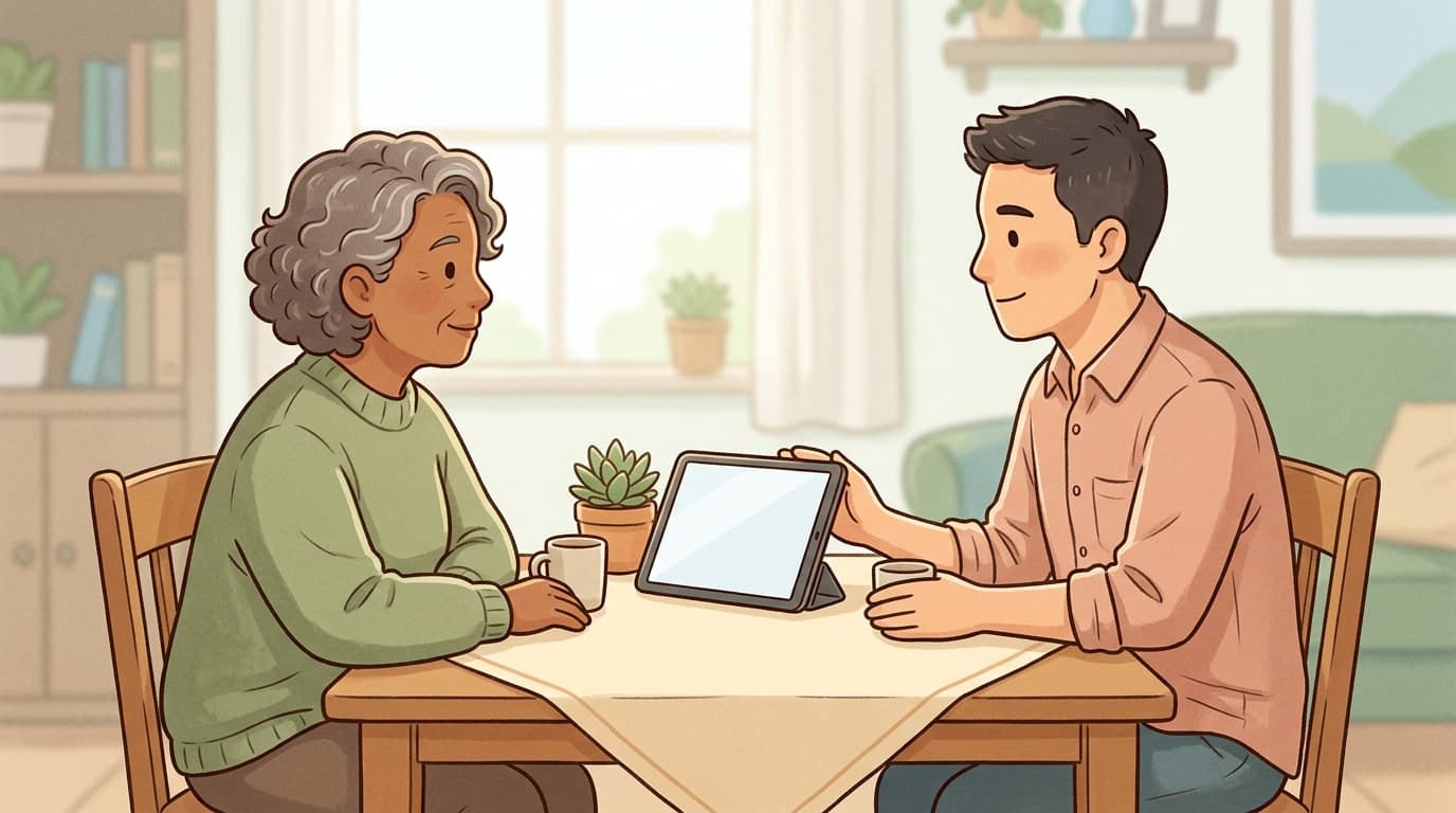A warm, text-free illustration of a supportive family talking and sharing a digital screen at a kitchen table