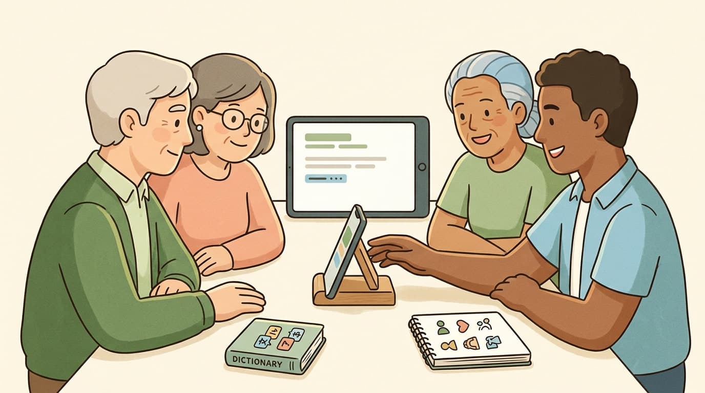 A warm, text-free illustration of a diverse, multilingual family sharing a meal around a well-lit dining table.