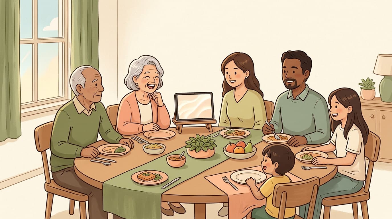 An editorial, text-free illustration depicting a warm, inviting dining table with family members sitting in a circular arrangement, laughing and passing dishes.