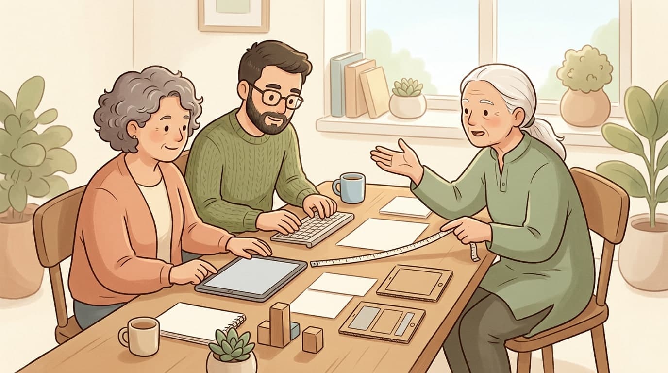 A warm, text-free editorial illustration of a clean, bright room with a digital tablet on a table, displaying structured geometric patterns representing clear typography.
